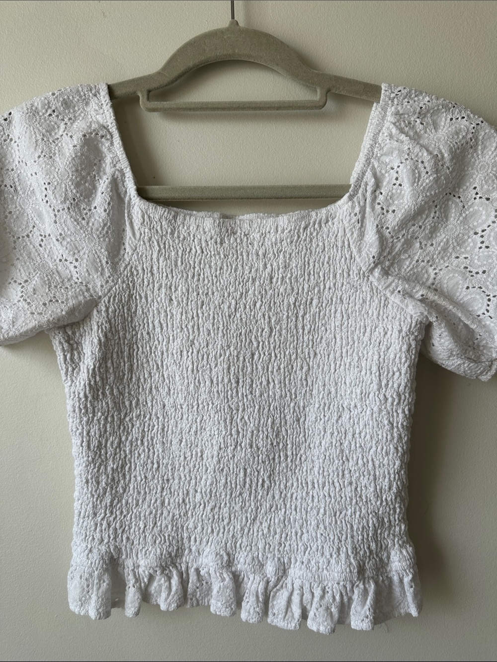 Art Class - White Smocked Puff Sleeve Top - Lightweight Eyelet Details